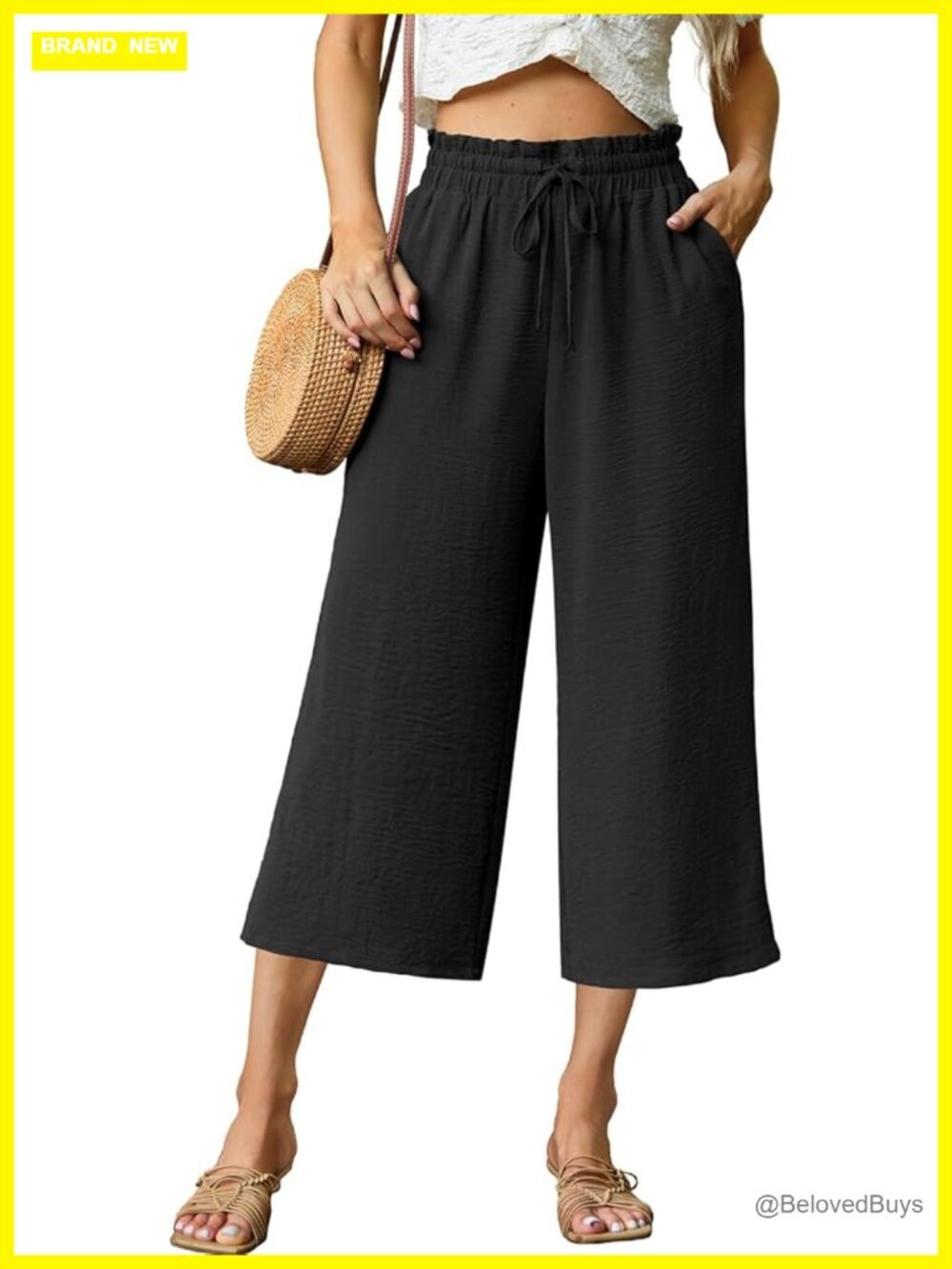 High Waisted Wide Leg Casual Lounge Capri Pants with Pockets Adjustable